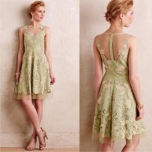 Anthropologie Pankaj & Nidhi Embroidered Panna Dress Green Sz 6 Wedding Romantic